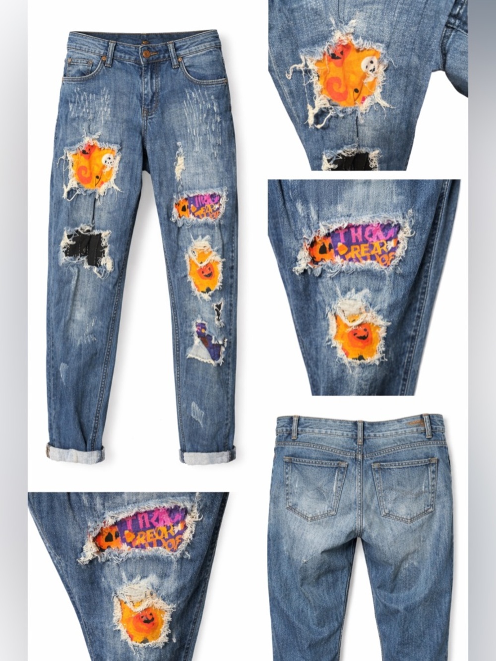 Upcycled Denim HALLOWEEN Woman’s Distressed Special A Jean Refashioned Patchwork - Picture 2 of 3